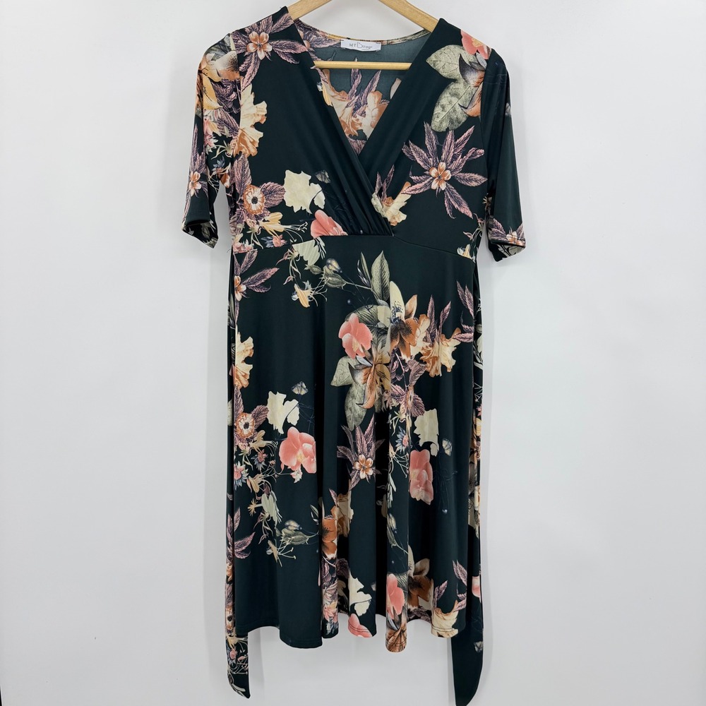 My Bump Maternity Dress Women Medium Green Floral Surplice Empire Waist MD0010